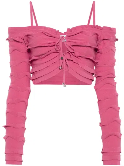 Blumarine Ruffled Cropped Cardigan In Pink