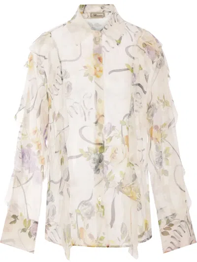 Blumarine Ruffled Floral-print Silk Blouse In Wisterie Violet+white