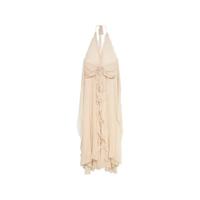 Blumarine Long Viscose Georgette Dress With Rose And Ruffles In Neutral