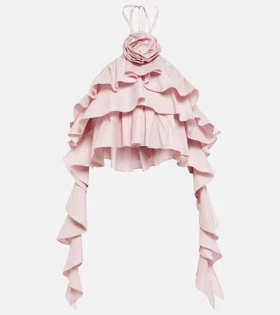 Blumarine Cotton Blend Crepe Ruffle Crop Top In Pink