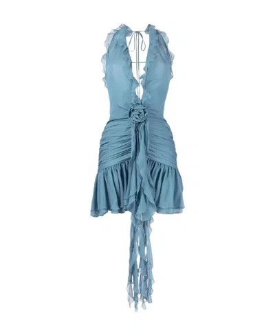 Blumarine Ruffled Halterneck Minidress In Blue