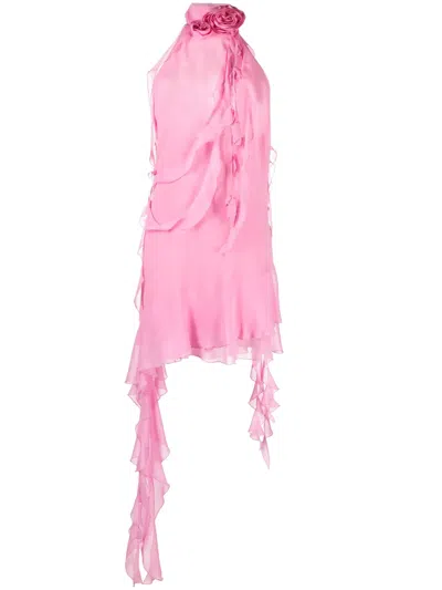 Blumarine Ruffled Halterneck Silk Minidress In Pink