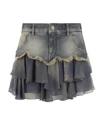 Blumarine Ruffled-hem Distressed Denim Skirt In Black