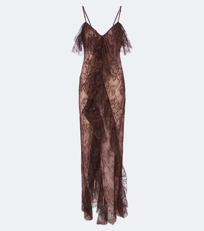 Blumarine Ruffled Lace Gown In Brown