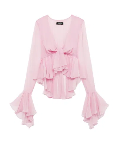 Blumarine Ruffled Long-sleeve Silk Blouse In Pink