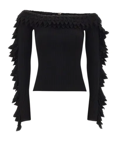 Blumarine Ruffled Off-shoulder Knitted Top In Black