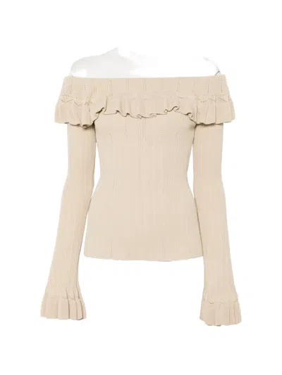 Blumarine Ruffled Off-shoulder Sweater In Neutral