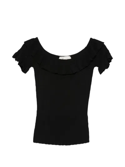 Blumarine Ruffled Ribbed-knit Top In Black