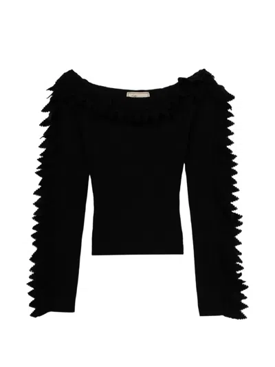 Blumarine Ruffled Rib-knit Sweater In Black