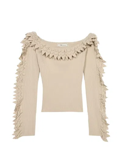Blumarine Ruffled Rib-knit Sweater In Neutral