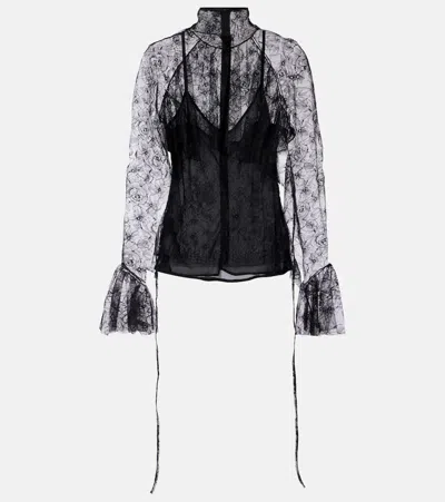 Blumarine Ruffled Sheer Lace Blouse In Black