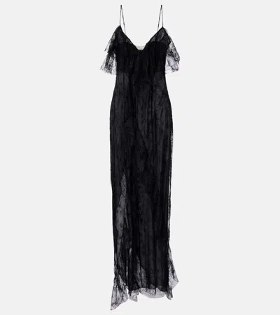 Blumarine Ruffled Sheer Lace Gown In Black