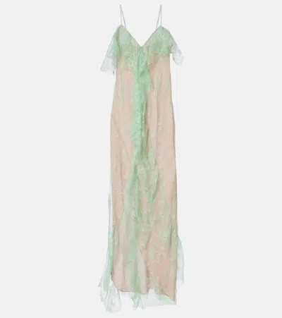 Blumarine Ruffled Sheer Lace Gown In Green