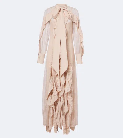 Blumarine Ruffled Tie-neck Lace Gown In Pink