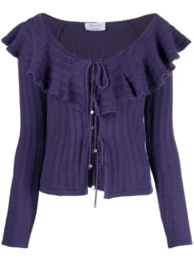 Blumarine Ruffled-trim Off-shoulder Cardigan In Purple