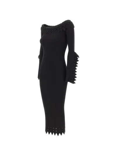 Blumarine Ruffled-details Ribbed-knit Midi Dress In Black