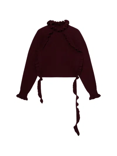 Blumarine Ruffle-trimmed Ribbed-knit Sweater In Brown