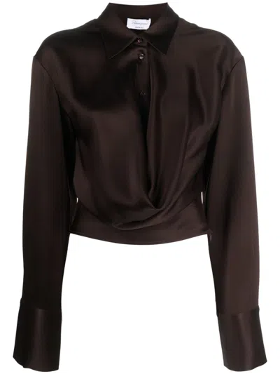 Blumarine Satin Buttoned Cropped Shirt In Brown