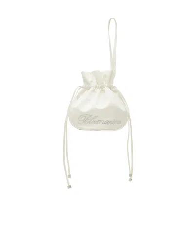 Blumarine Satin Clutch Bag With Rhinestone Logo In White