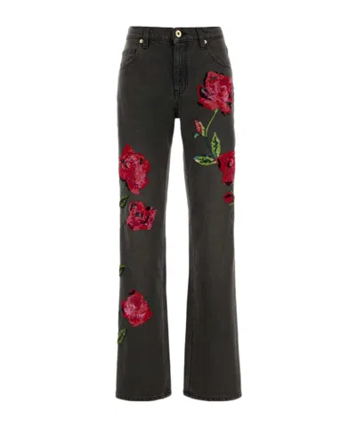 Blumarine Sequin Floral Straight-leg Jeans In Black