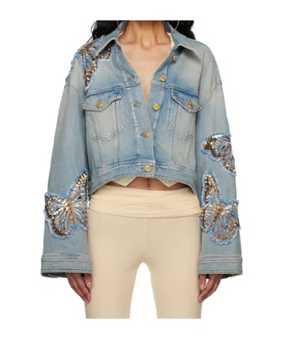 Blumarine Sequin Pattern Decal Denim Coat In D0944 Country Blue