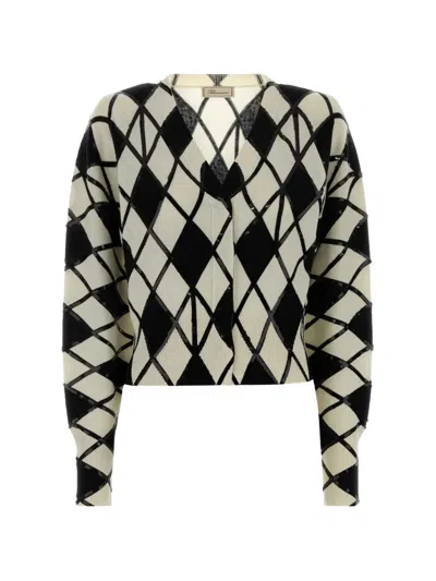 Blumarine Sequin-embellished Argyle Cardigan In 화이트