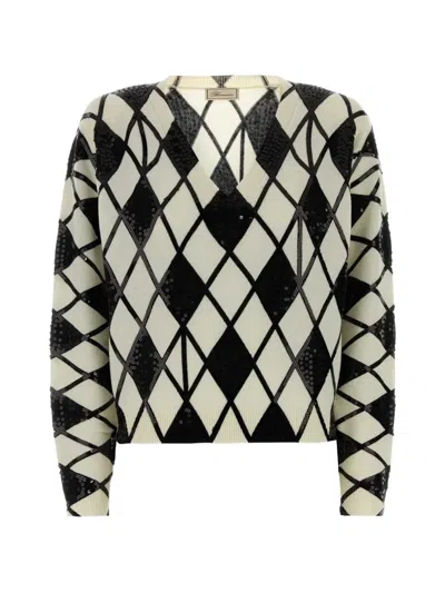 Blumarine Sequin-embellished Argyle Sweater In 화이트
