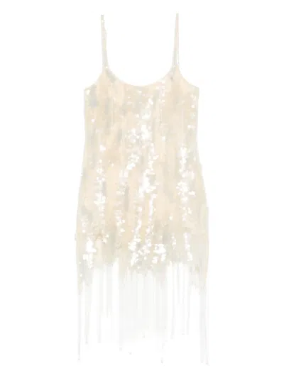 Blumarine Sequinned Fringed Mini Dress In Beige