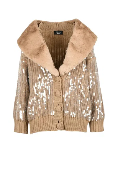 Blumarine Sequin/plush Cardigan - Beige In Brown