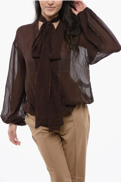 Blumarine Sheer Silk Blouse With Tie Neck In Brown
