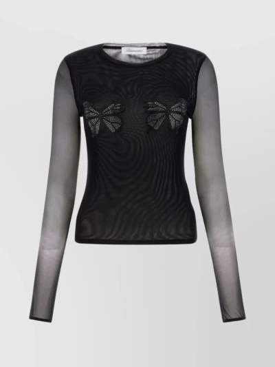 Blumarine Sheer Sleeve Fitted Top With Butterfly Embellishments In Black