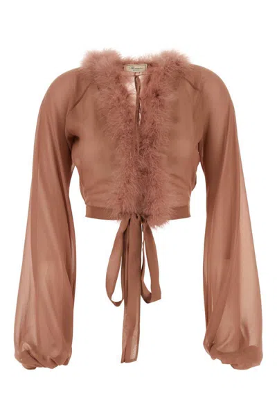 Blumarine Sheer Shirt With Feather Trim In Pink