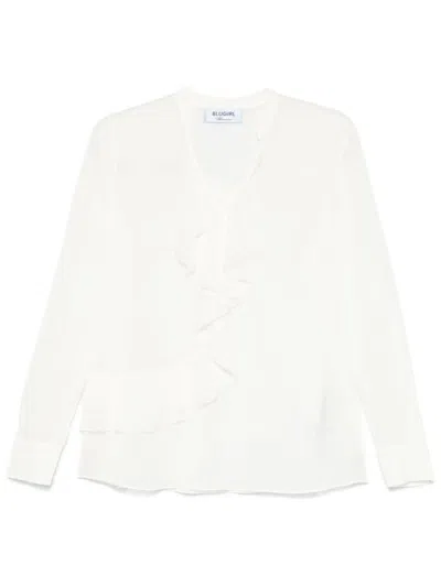 BLUMARINE BLUMARINE SEMI TRASPARENT BLOUSE IN WHITE SILK WITH ROUCHES