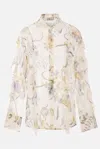 Blumarine Ruffled Floral-print Silk Blouse In Wisterie Violet+white