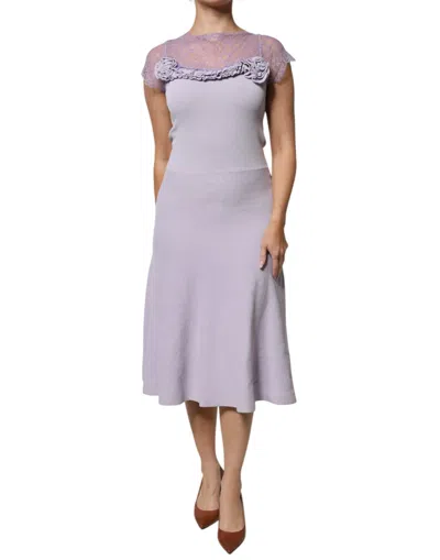 Pre-owned Blumarine Short Sleeves Floral Lace Trim A-line Midi Women's Dress () In Purple