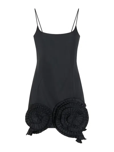 Blumarine Short Taffeta Dress With Pleated Roses In Black