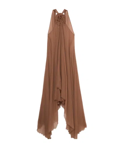 Blumarine Silk Creponne Dress With 3d Flower In Brown