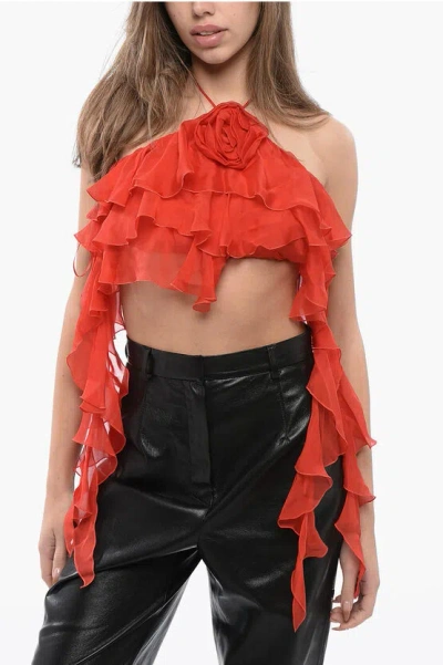 Blumarine Silk Crop Top With Ruffles In Red