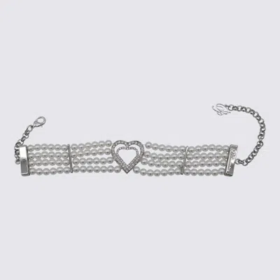 Blumarine Silver Tone Necklace In Ivory/crystal
