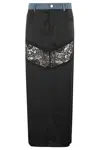Blumarine Long Straight Skirt With Lace Insert In Black Dark Denim