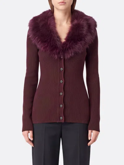 Blumarine Slim Fit Virgin Wool Cardigan With Contrast Fur Collar In Burgundy