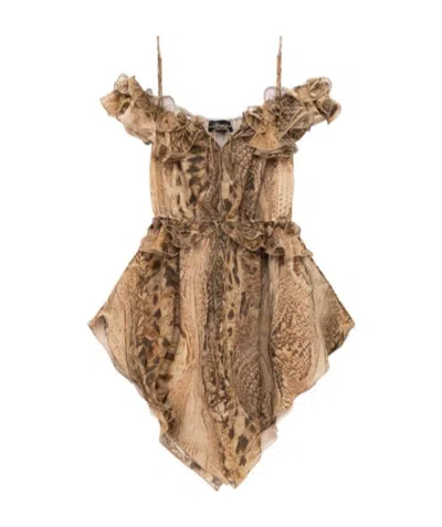 Blumarine Snakeskin-print Mini Silk Dress In Brown
