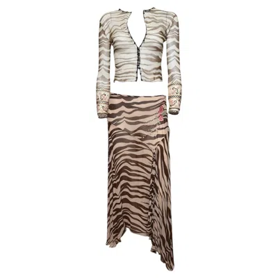 Pre-owned Blumarine S/s 2000 Zebra Mesh Cardigan, Skirt And Embellished Mules Ensemble In Gray