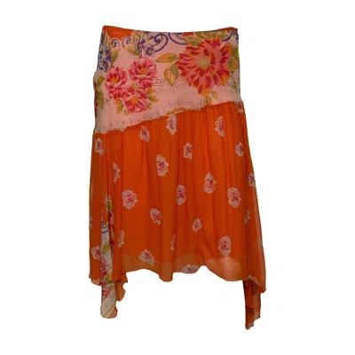 Pre-owned Blumarine S/s 2005 Orange Floral-print Asymmetric Silk Chiffon Skirt