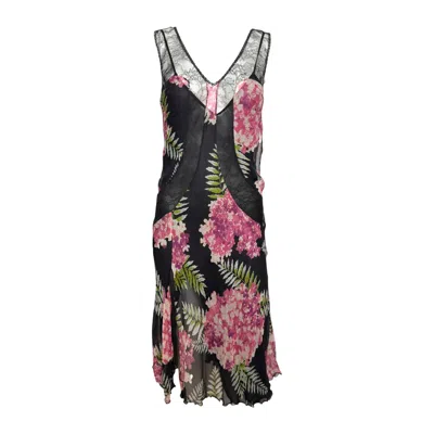 Pre-owned Blumarine S/s 2006 Black Floral-print Lace-panelled Slip Dress