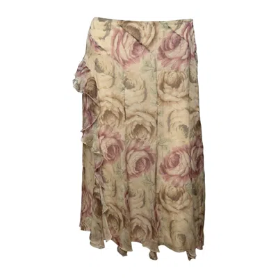 Pre-owned Blumarine Ss2002 Rose Print Silk Chiffon Wrap Skirt In Red