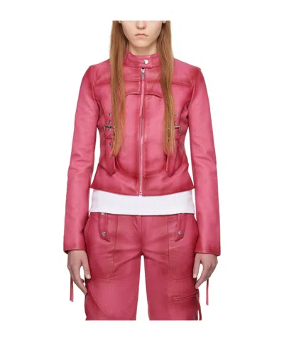 Blumarine Standing Collar Leather Jacket In Pink