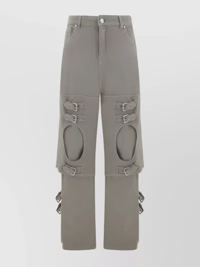Blumarine Stitched Cotton Trousers Buckle Straps In Gray