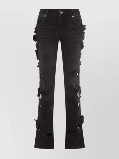 BLUMARINE STRAIGHT TROUSERS WITH DISTRESSED FLORAL APPLIQUÉ