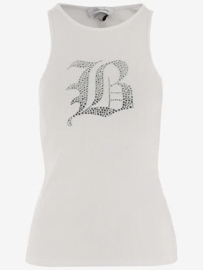 Blumarine Stretch Cotton Tank Top With Logo In White